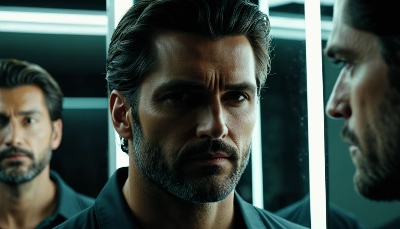 I want you to make a super realistic 4k man, looking in the mirror and the reflection in the mirror is another person the reflection is centered and the man on the left side.