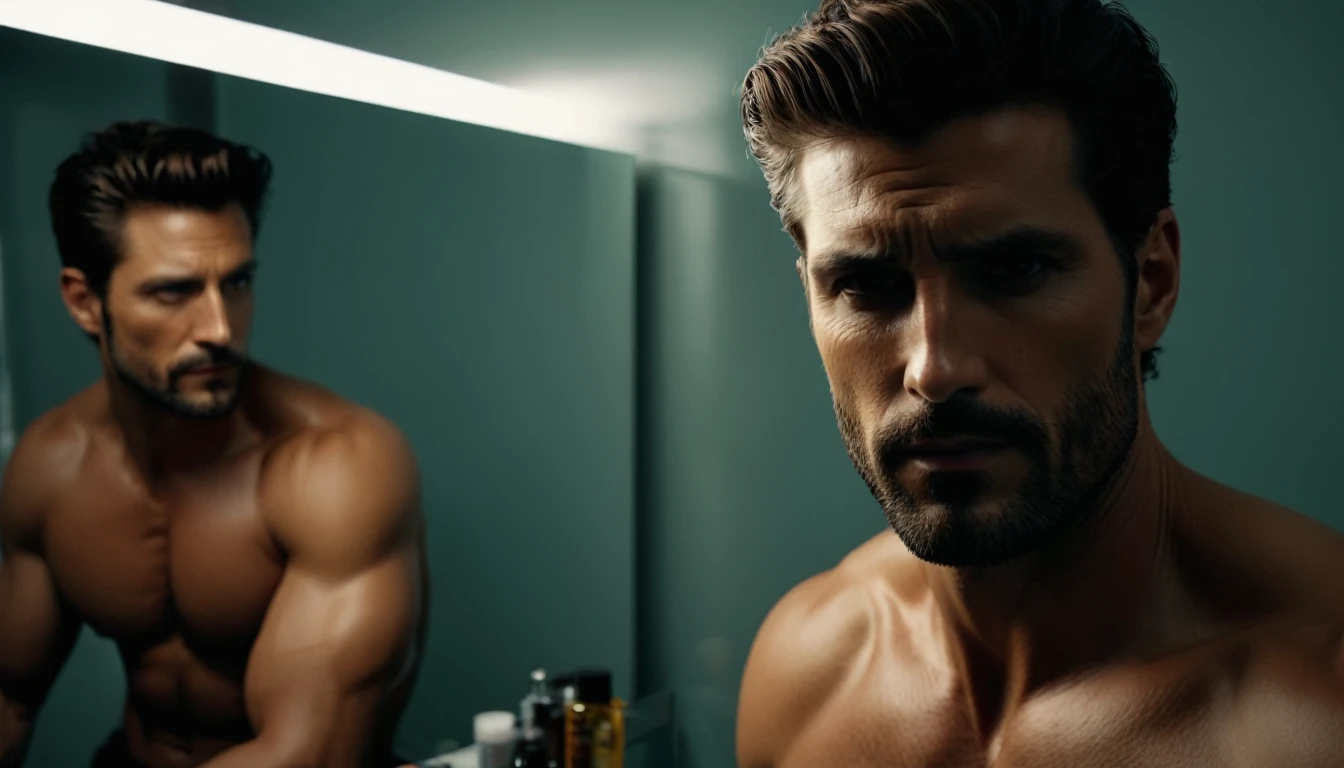 I want you to make a super realistic 4k man, looking in the mirror and the reflection in the mirror is another person the reflection is centered and the man on the left side.