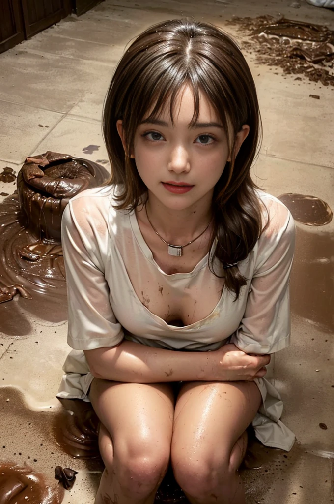 realisitic、top-quality、crisp photos、((Foul-smelling bathroom、Littered with filth、toilet full of feces、a lot of poop on the floor、The dirtiest bathroom))、((beautiful a girl、Constricted waist、Neat face、Most beautiful face、Elaborate face、dirty clothes、Refreshing look、Pleasant look、Happy expression、Joy covered in filth、Glad to get dirty))、(white t-shirt、Tangier、hijab)、((long and beautiful legs are dirty、Lying face down on filth、Girl with beautiful 、Scoop out filth with both hands、Beautiful girl's hair is covered in poop、The joy of lying in dirty bathroom))、(((I want to smear filth all over my body.、Your face is muddy with a large amount of filth、full body muddy、Beautiful girl burying her face in filth、Beautiful  lying on a pile of turd、Super large amount of poop、Dirty poop)))