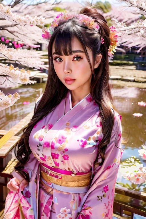 cute japanese girl, kimono, sakura, festival, long hair, beautiful detailed eyes, beautiful detailed lips, extremely detailed face, longeyelashes, intricate kimono design, cherry blossom petals, festival lanterns, vibrant colors, soft lighting, detailed texture, photorealistic, 8k, high quality