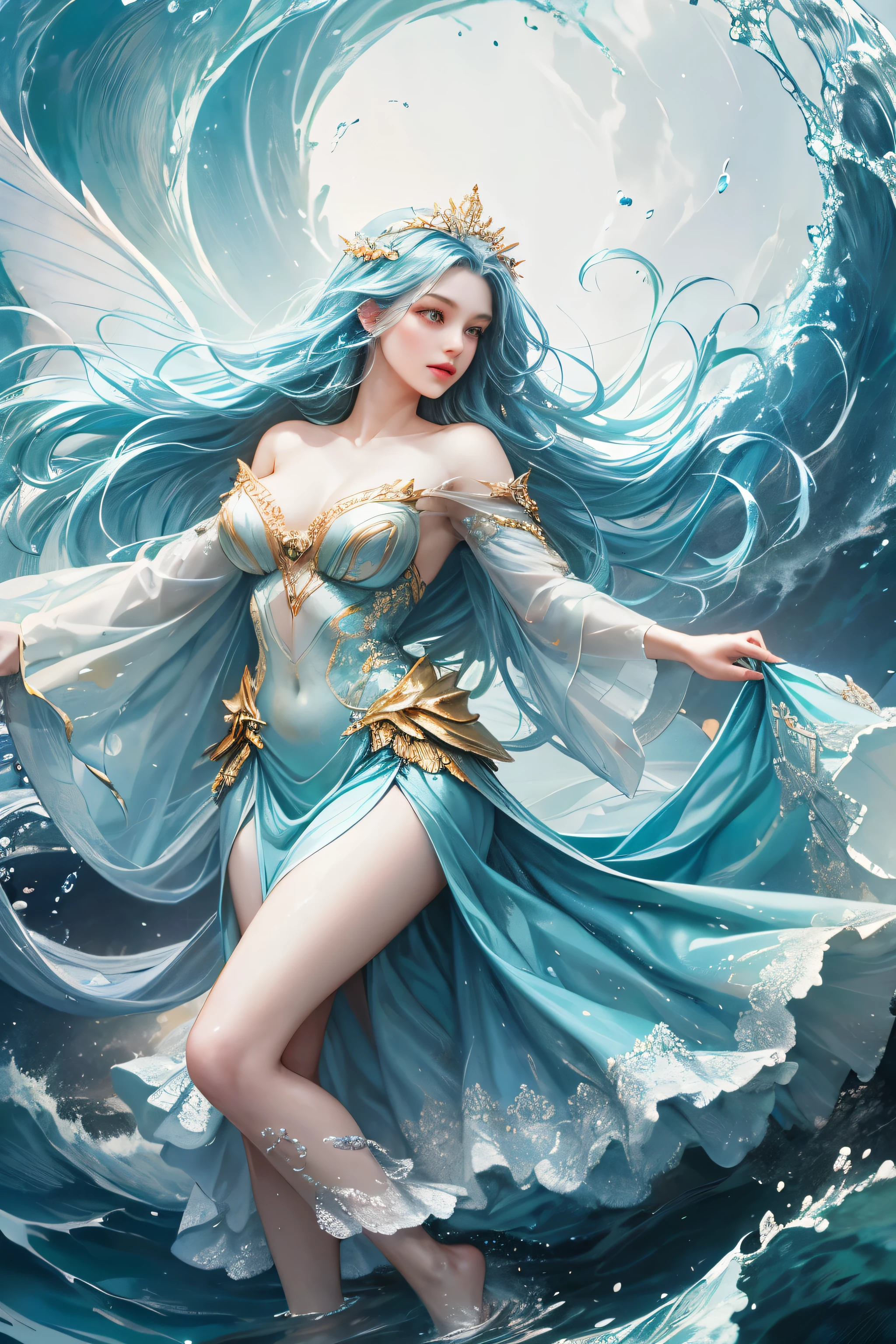 "Create a realistic and enchanting digital illustration of a beautiful female fairy with large, ethereal wings that glisten like flowing water. She should be elegantly dressed in a decent gown that reflects the colors and textures of the ocean. Surround her with dynamic waves and gentle ripples that showcase her control over the element of water. Integrate a distinctive water fairy symbol on her body, signifying her role as the keeper of water and waves, and highlighting the profound aquatic power she possesses within."