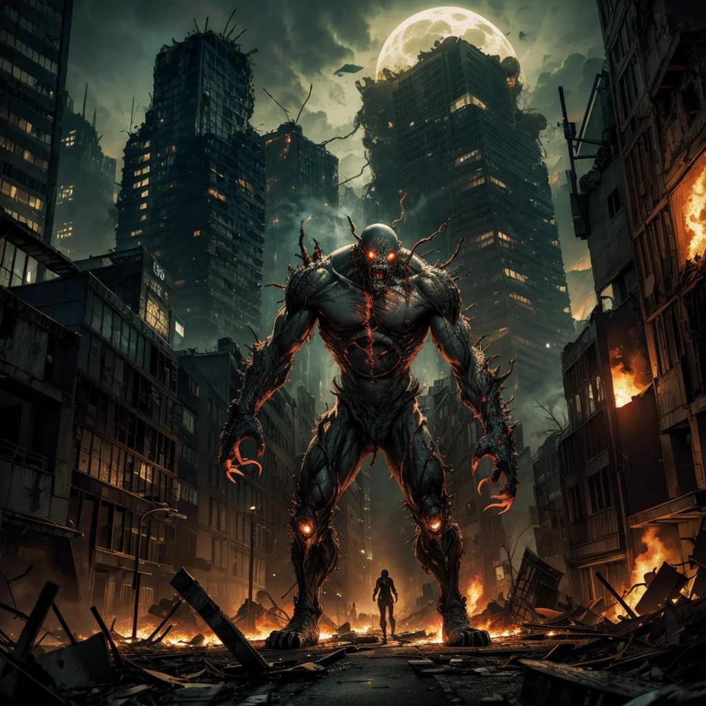 A grotesque mutant creature with multiple limbs and glowing eyes emerges from the rubble of a post-apocalyptic city devastated by a nuclear explosion. The twisted figure is covered in mutated skin, with sharp claws protruding from its deformed limbs, creating a haunting and eerie scene of destruction and despair. The city skyline is filled with smoke and flames, emphasizing the catastrophic aftermath of the atomic attack.