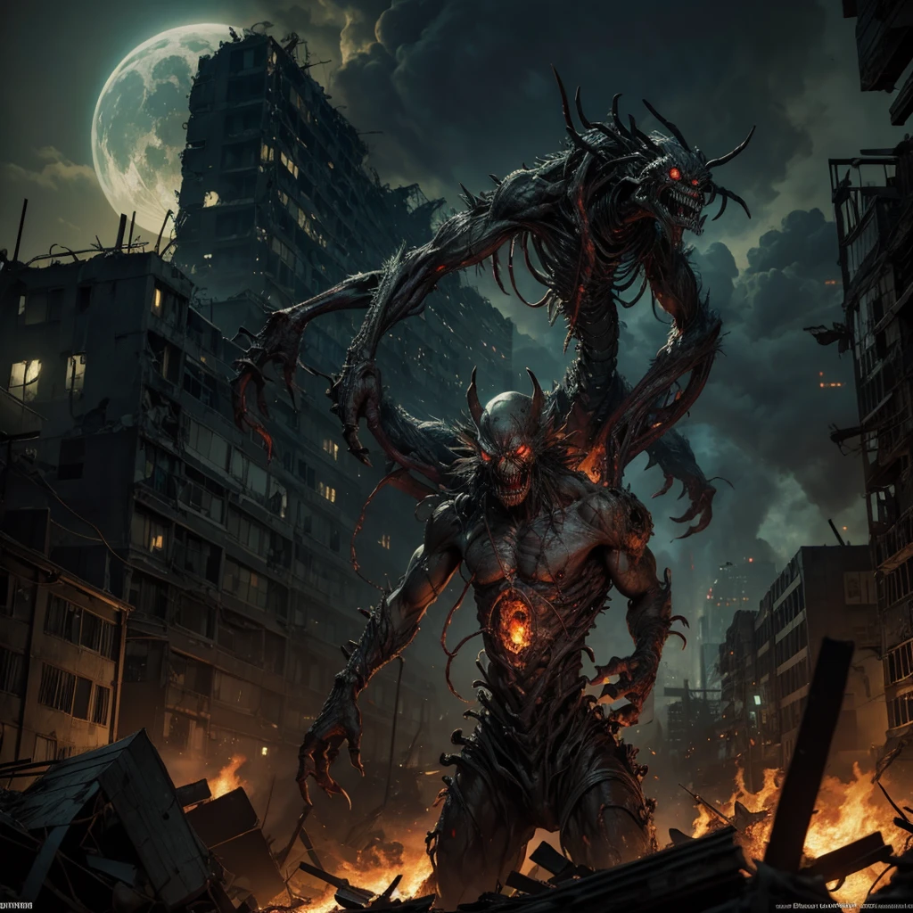 A grotesque mutant creature with multiple limbs and glowing eyes emerges from the rubble of a post-apocalyptic city devastated by a nuclear explosion. The twisted figure is covered in mutated skin, with sharp claws protruding from its deformed limbs, creating a haunting and eerie scene of destruction and despair. The city skyline is filled with smoke and flames, emphasizing the catastrophic aftermath of the atomic attack.