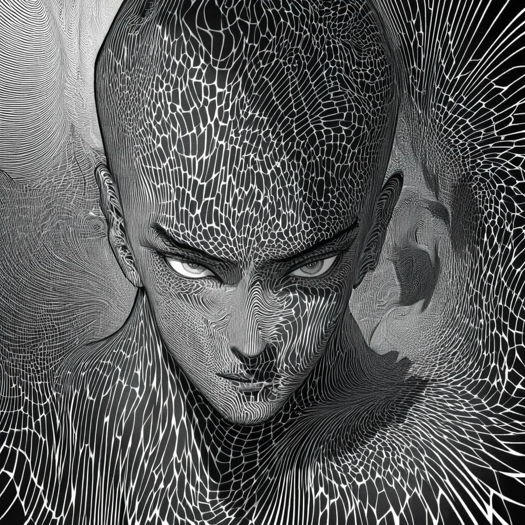 Create a high-contrast black and white portrait of a rebellious-looking young man, presenting striking facial features and an intense gaze. The background should have hypnotic spiraling patterns that add a surreal and dramatic effect. The overall style should resemble noir comic book art, with bold lines and deep shadows.