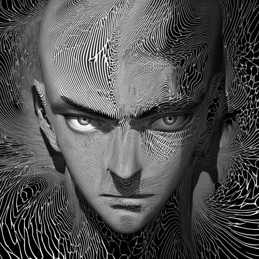 Create a high-contrast black and white portrait of a rebellious-looking young man, presenting striking facial features and an intense gaze. The background should have hypnotic spiraling patterns that add a surreal and dramatic effect. The overall style should resemble noir comic book art, with bold lines and deep shadows.