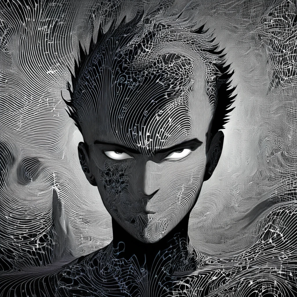 Create a high-contrast black and white portrait of a rebellious-looking young man, presenting striking facial features and an intense gaze. The background should have hypnotic spiraling patterns that add a surreal and dramatic effect. The overall style should resemble noir comic book art, with bold lines and deep shadows.
