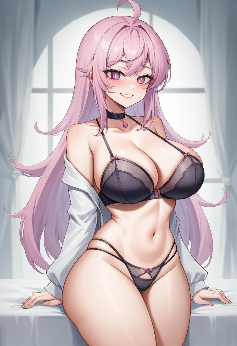 1girl (masterpiece, round_iris, extremely crisp crystalline shiny purple eyes, perfect_anatomy, extremely_captivating_hypnotic_mystic_eyes, ) perfect face, long pink hair, smiling evil, big breasts, lingerie, 
gamergirl,  pink bedroom, best quality, 4k