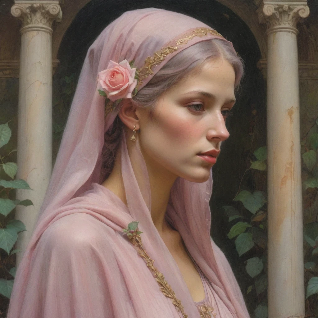 Masterpiece, ((realistic)), (propaganda poster), (((Moebius Jean Giraud))), ((((profile portrait of a veiled roman woman, young, priestess, dignified, wearing pink and mauve robes, detailed moth, rose elements, muted colors)))), (((corinthian columns with moth elements, jungle background, white moths)))