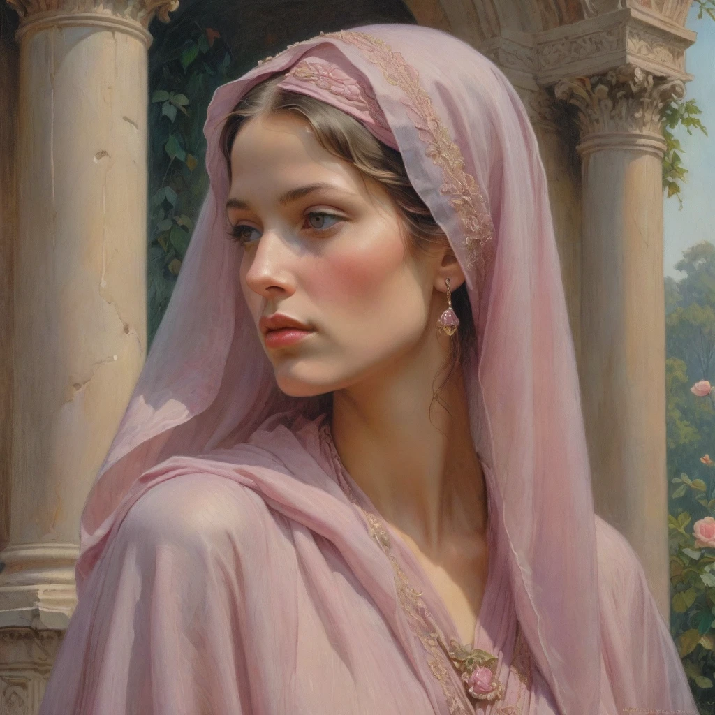 Masterpiece, ((realistic)), (propaganda poster), (((Moebius Jean Giraud))), ((((profile portrait of a veiled roman woman, young, priestess, dignified, wearing pink and mauve robes, detailed moth, rose elements, muted colors)))), (((corinthian columns with moth elements, jungle background, white moths)))