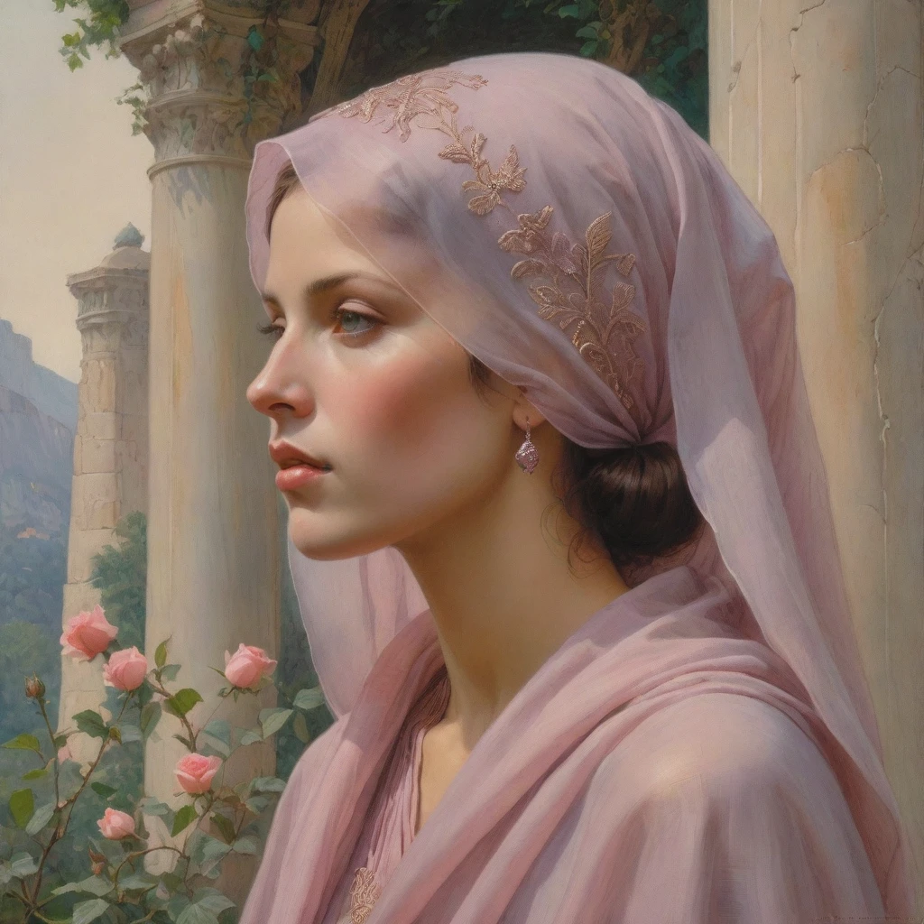 Masterpiece, ((realistic)), (propaganda poster), (((Moebius Jean Giraud))), ((((profile portrait of a veiled roman woman, young, priestess, dignified, wearing pink and mauve robes, detailed moth, rose elements, muted colors)))), (((corinthian columns with moth elements, jungle background, white moths)))