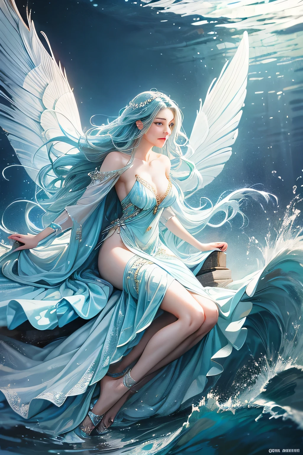 "Create a realistic and enchanting digital illustration of a beautiful female fairy with large, ethereal wings that glisten like flowing water. She should be elegantly dressed in a decent gown that reflects the colors and textures of the ocean. Surround her with dynamic waves and gentle ripples that showcase her control over the element of water. Integrate a distinctive water fairy symbol on her body, signifying her role as the keeper of water and waves, and highlighting the profound aquatic power she possesses within."