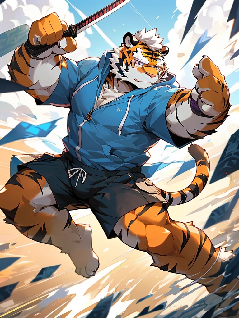 masterpiece, high quality, anime, detailed eyes, male kosutora, anthro, tiger, Great physique, strong arms manly, Casual suit, (((orange tiger))), (((white hair))), goatee, white eyebrows, detailed purple eyes, tall, Joyful, (short sleeves blue hoodie), (((shorts cargo))), by zixiong, red katana sword, glasses, action pose,