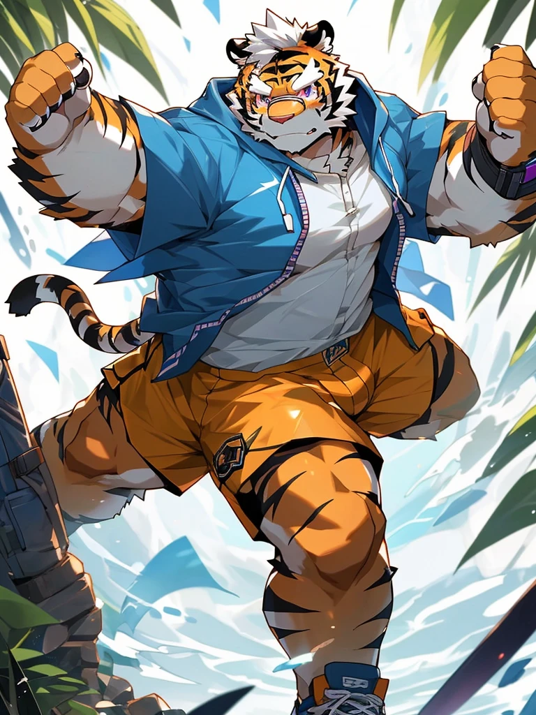 masterpiece, high quality, anime, detailed eyes, male kosutora, anthro, tiger, Great physique, strong arms manly, Casual suit, (((orange tiger))), (((white hair))), goatee, white eyebrows, detailed purple eyes, tall, Joyful, (short sleeves blue hoodie), (((shorts cargo))), by zixiong, red katana sword, glasses, action pose,