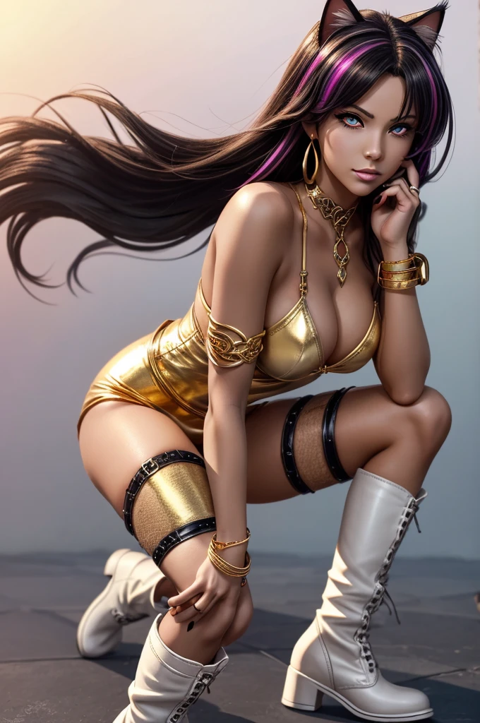 There is lost coliseum there female lionessin seductive pose, she have ebony colour skin beautiful yellow cat eyes dark gold eyeshadows make up, ring style earrings, her hair is purple with pink highlights . she dressed in white neather topic with golden parts on countures also short and white leather straps on her cat legs instead of boots, her hands have hude ruby claws on her fingers, (ultra high quality fantasy art, anime fantasy style, masterpiece, ultra high quality character design, 8k quality anime art, realistic anime art, top quality wallpaper illustration, detailed ultra high quality accurate face, high quality design and accurate physic)
