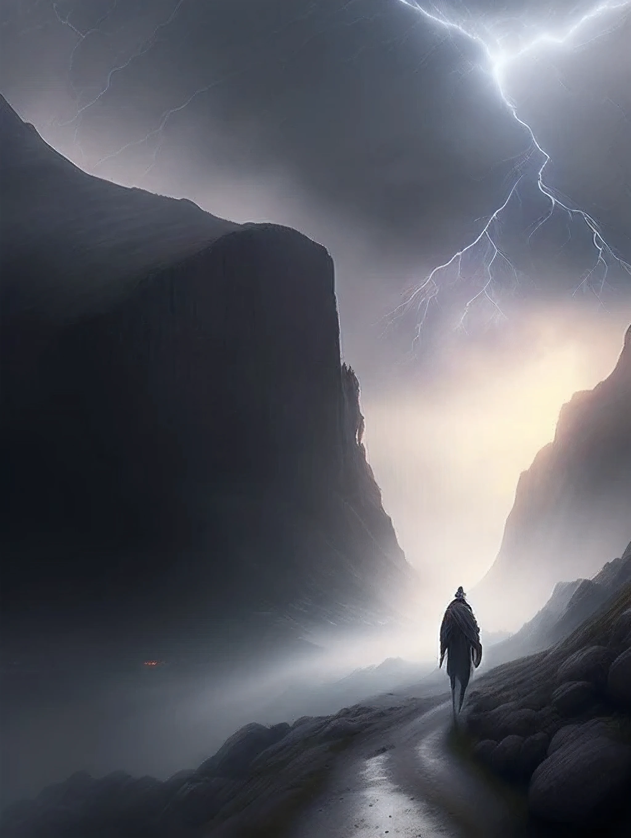 A valley covered in ashes and fog, gray, wet, rainy, lightning in the sky, and with souls lost in the fog very difficult to see because of how far away and separated they are from each other and an angel walking dragging his wings, among the lost souls so scattered, giving a hero's perspective among the dense fog and ashes.