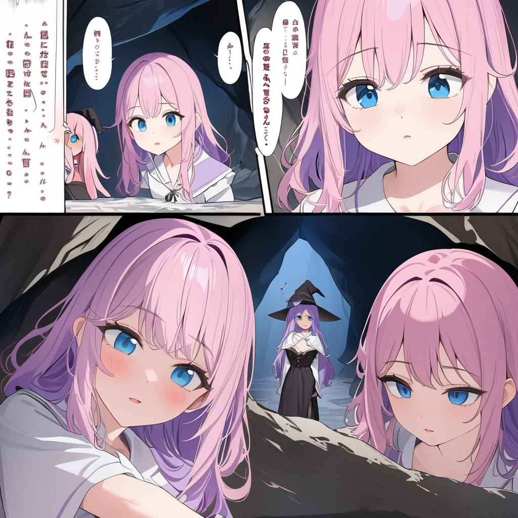 ((highest quality)), ((masterpiece)), (detailed)), 1 Blue eye purple hair woman in a cave comic ebook storyboard 8k HD Three HQ panels Speech expression Looking at a witch with pink hair and blue eyes in a cave