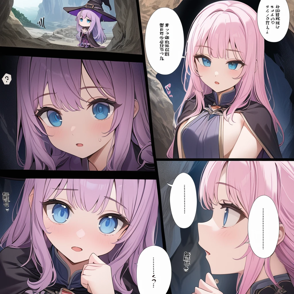 ((highest quality)), ((masterpiece)), (detailed)), 1 Blue eye purple hair woman in a cave comic ebook storyboard 8k HD Three HQ panels Speech expression Looking at a witch with pink hair and blue eyes in a cave