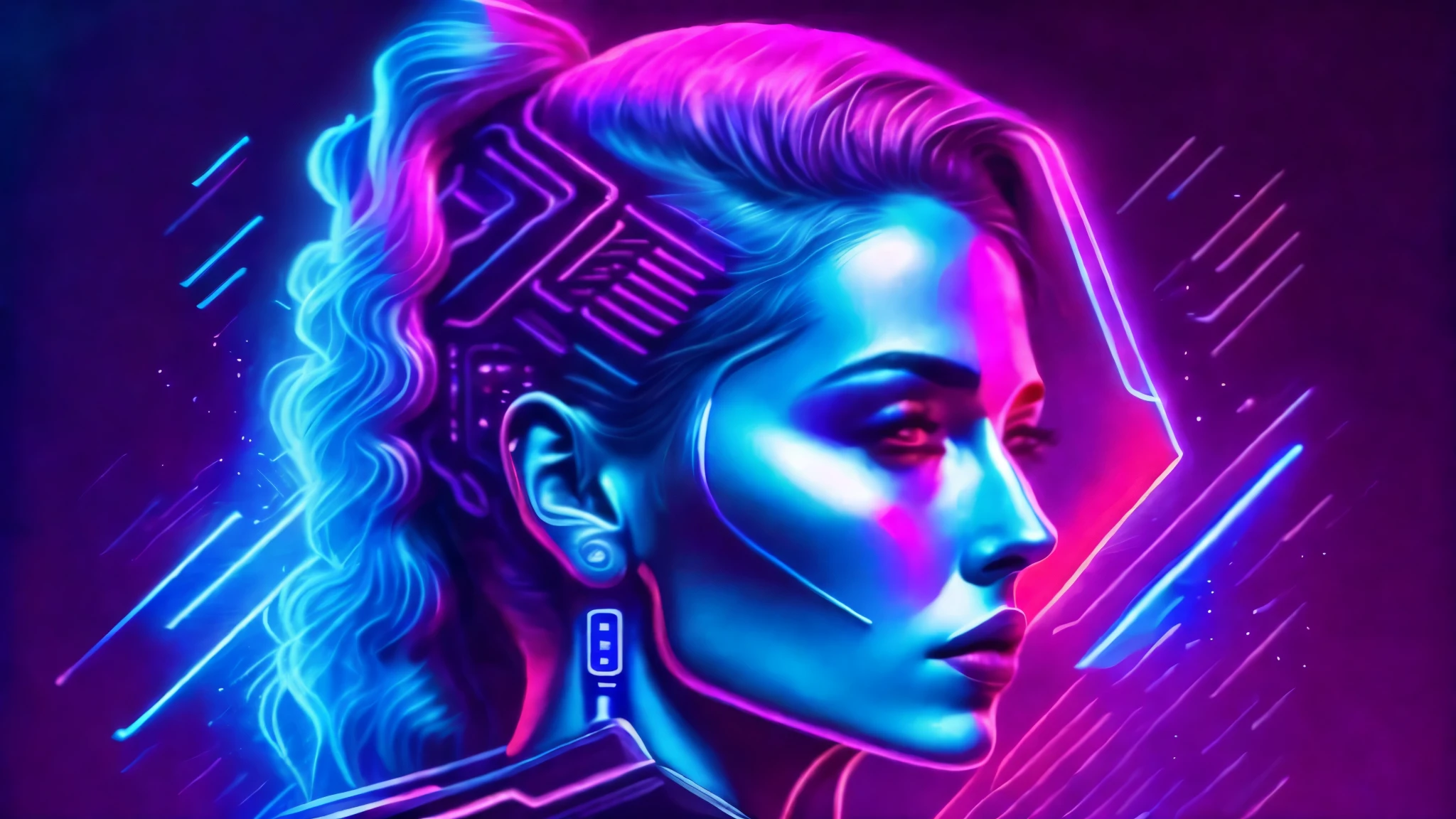 a woman with bright blue hair and a pink jacket, Pink and blue mohawk hairstyle, ultraviolet and neon colors, portrait color glamour, cyberpunk style cor, cyberpunk vibrant colors, pink and blue neon, vibrant fan art, neon cyberpunk vibrant colors, neon cyberpunk cores, cores synthwave!!, pop and vibrant colors, dark neon punk, Estilo Synthwave, 8K Vibrant Neon ColorsTechnological Advances,brain-computer interface,floating board,exoskeleton armor,dark and sandy streets,Fully immersive virtual reality,Scathing comments on society,Shimmering cybernetic tattoos,Futuristic cyberspace,glitchy digital effects,AI virtual assistant,Hacker's Lair,multicolored LED lights,Nighttime precipitation,Explosive action scenes,Hidden Underground Rebel Base,Android companions。
