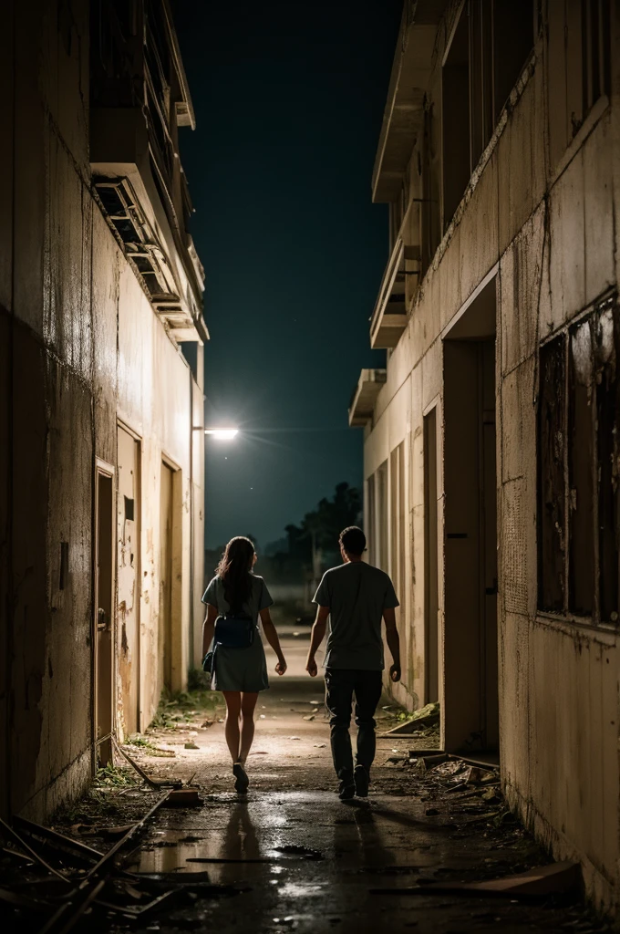 A couple exploring an abandoned hospital at night