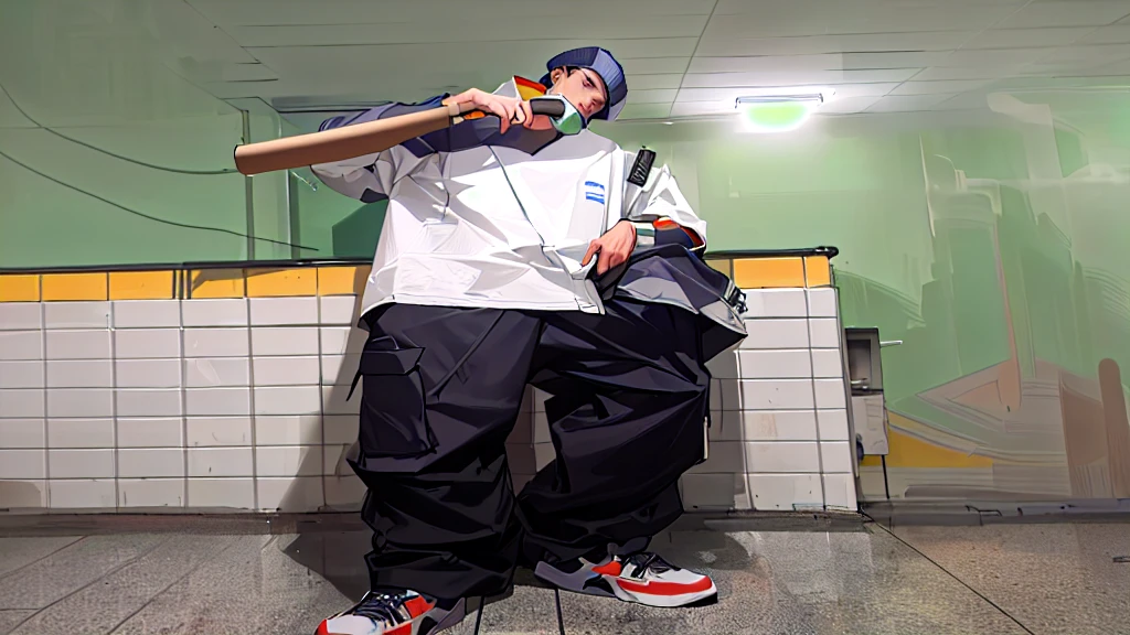 there is a man standing in the bathroom brushing his teeth, in a subway, very low quality image, wearing a baggy, wearing a fisher 🧥, full length portrait holding bottle, taken at the beginning of 2020, taken in 2022, photo by full body, wearing Japanese techwear, photo taken in 2 0 2 0