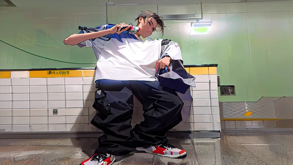 there is a man standing in the bathroom brushing his teeth, in a subway, very low quality image, wearing a baggy, wearing a fisher 🧥, full length portrait holding bottle, taken at the beginning of 2020, taken in 2022, photo by full body, wearing Japanese techwear, photo taken in 2 0 2 0