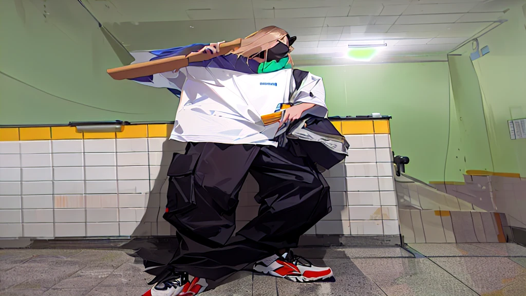 there is a man standing in the bathroom brushing his teeth, in a subway, very low quality image, wearing a baggy, wearing a fisher 🧥, full length portrait holding bottle, taken at the beginning of 2020, taken in 2022, photo by full body, wearing Japanese techwear, photo taken in 2 0 2 0