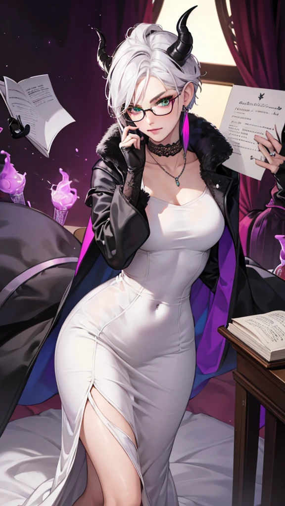 8k, masterpiece, best quality, highly detailed, 1 girl, tiefling, warlock, multicolored hair, very short straight hair green highlight hair on white hair, strippled hair, wearing glasses, round glasses, earrings, long dress with side cut, lace dress, red eyeshadow, long eyelashes,navel piercing, blushed cheek, necklace, collarbone, high heels, mole, glamorous, purple and teal clothing, villainy, smirk,  face, close up view, rings, looking at viewer, standing, demon horns, solo, hand touching cheek, school, black lace gloves, holding book, sensei, .