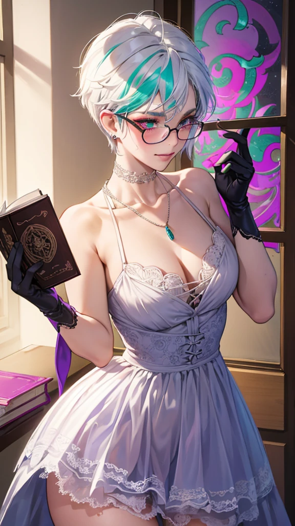 8k, masterpiece, best quality, highly detailed, 1 girl, tiefling, warlock, multicolored hair, very short straight hair green highlight hair on white hair, strippled hair, wearing glasses, round glasses, earrings, long dress with side cut, lace dress, red eyeshadow, long eyelashes,navel piercing, blushed cheek, necklace, collarbone, high heels, mole, glamorous, purple and teal clothing, villainy, smirk, seductive face, close up view, rings, looking at viewer, standing, demon horns, solo, hand touching cheek, school, black lace gloves, holding book, sensei, miniskirt.