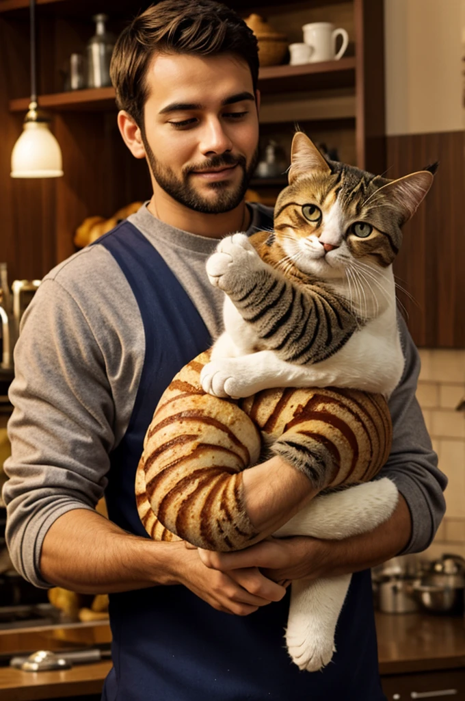 A cinnamon roll with a cat in his arms