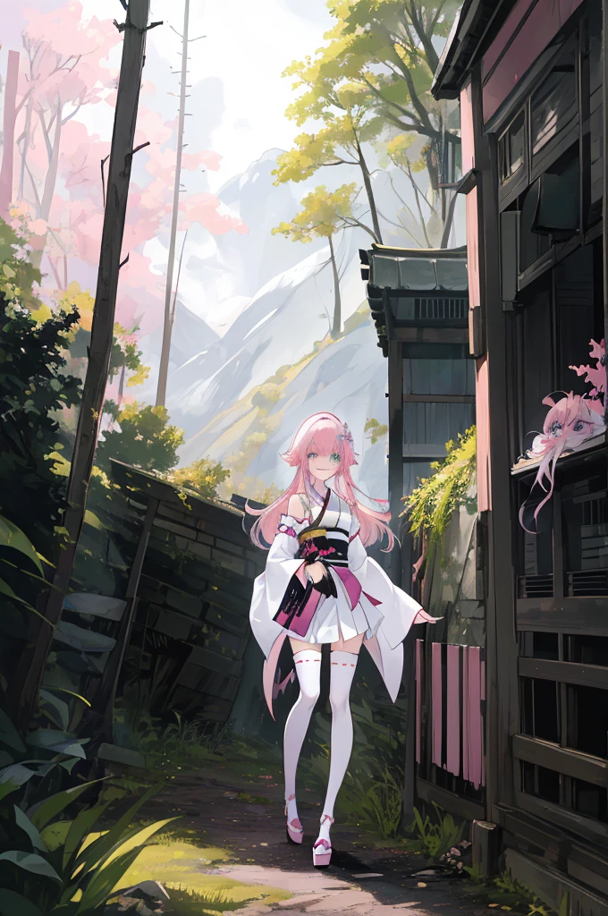 ((A pink-haired))，The hair was long，green eyes,Very long dull hairs，dark city background，white kimono costume，White miko stockings，white mini skirt, night,standing,pink hair,pink hair,forest background,mountain,smile,smile,laugh,long hair,