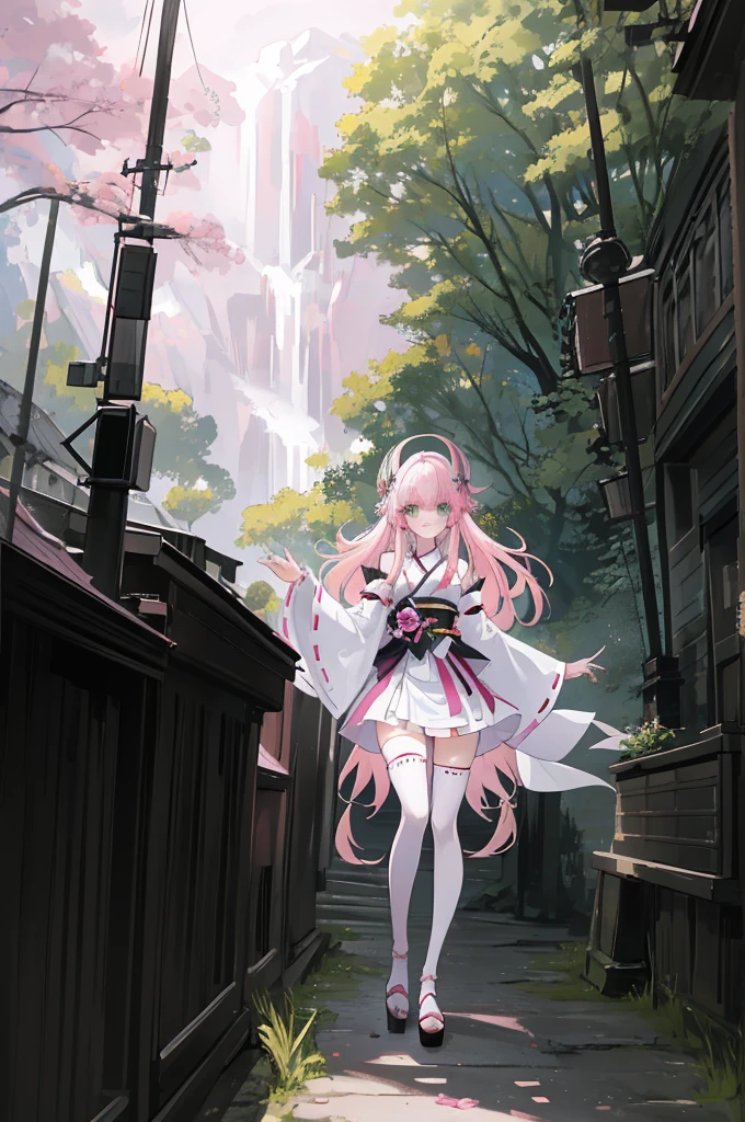 ((A pink-haired))，The hair was long，green eyes,Very long dull hairs，dark city background，white kimono costume，White miko stockings，white mini skirt, night,standing,pink hair,pink hair,forest background,mountain,smile,smile,laugh,long hair,