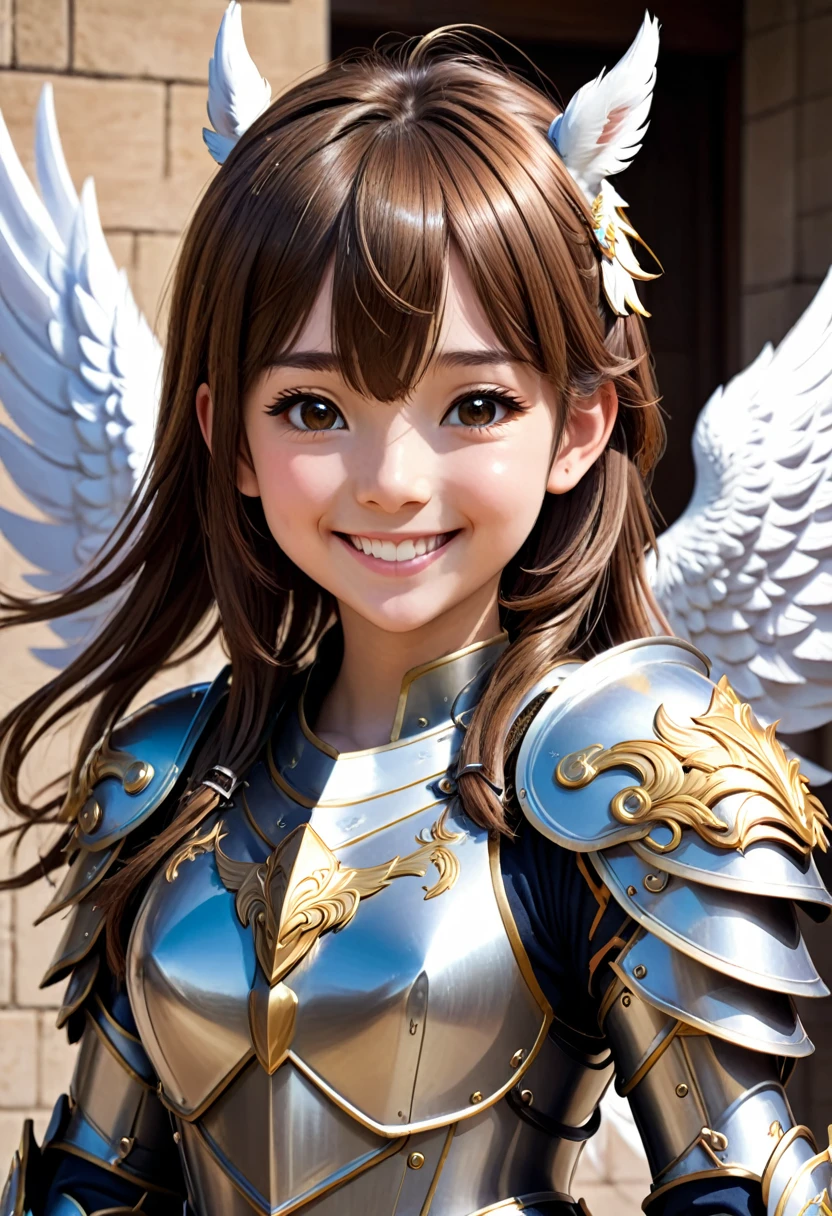 young teen in hd alone, no nudism, japanese anime with smile wearing a mythological anime pegasus armor, ultra realistic smile for the camera super clean young brown hair solo wearing armor with pegasus features in full hd