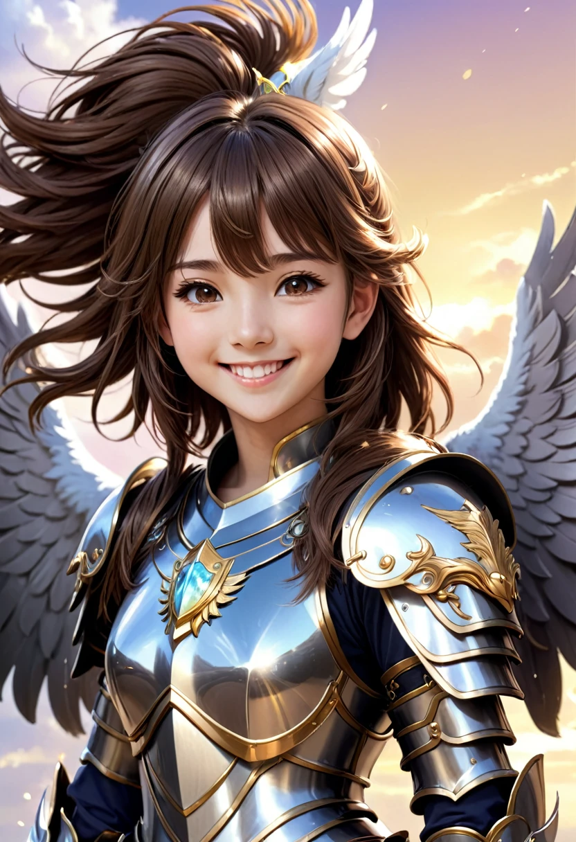young teen in hd alone, no nudism, japanese anime with smile wearing a mythological anime pegasus armor, ultra realistic smile for the camera super clean young brown hair solo wearing armor with pegasus features in full hd