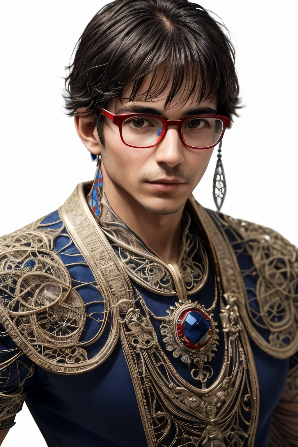 Close-up photo of a man in glasses, Intricate details, White Background, Transparent body, I can see the veins, wire, Very detailed, head, Upper Body, Breathtakingly beautiful, Sharp focus, Glass Art, Red and Blue, Intricate details, terrible, The most beautiful form of chaos