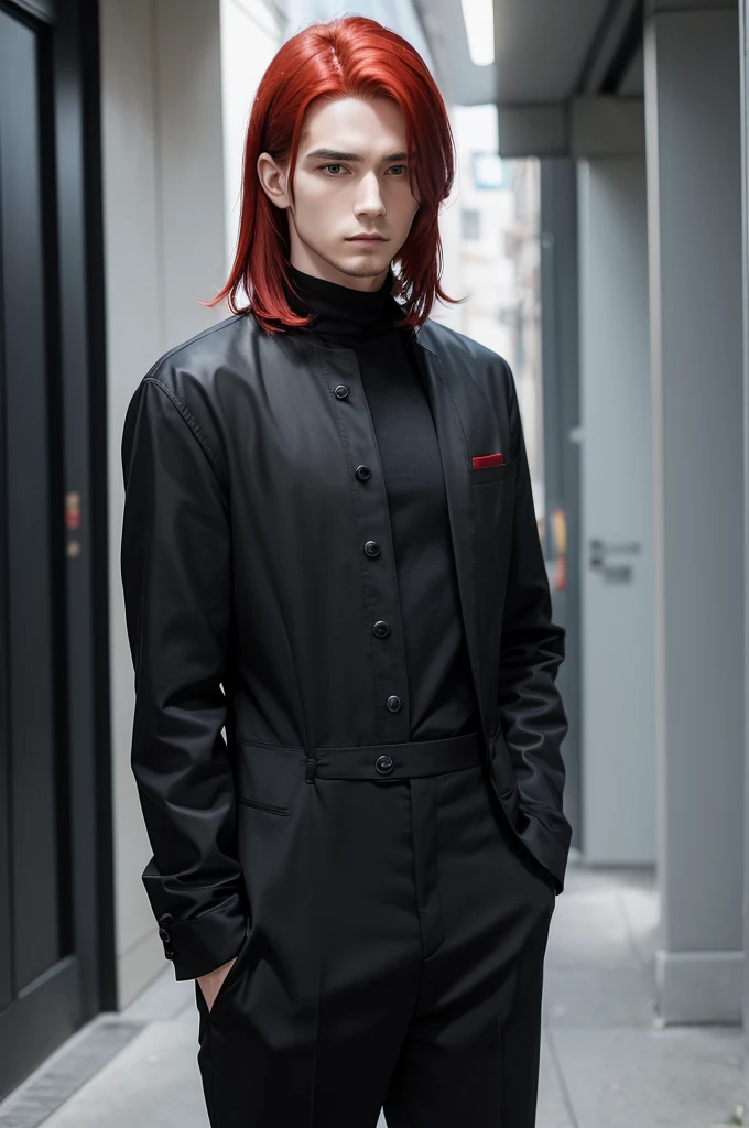 Man with straight red hair, wearing a black outfit, Mediovale