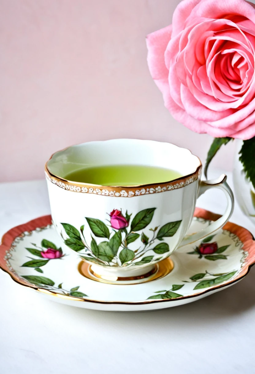 there is a cup of tea with a flower on it, tea cup, tea, is ((drinking a cup of tea)), fine china, drinking tea, inspired by Wlodzimierz Tetmajer, green tea, rose twining, engalnd porcelain tea set, portrait shot, inspired by Annie Rose Laing, rose, gorgeous lady, secret tea society