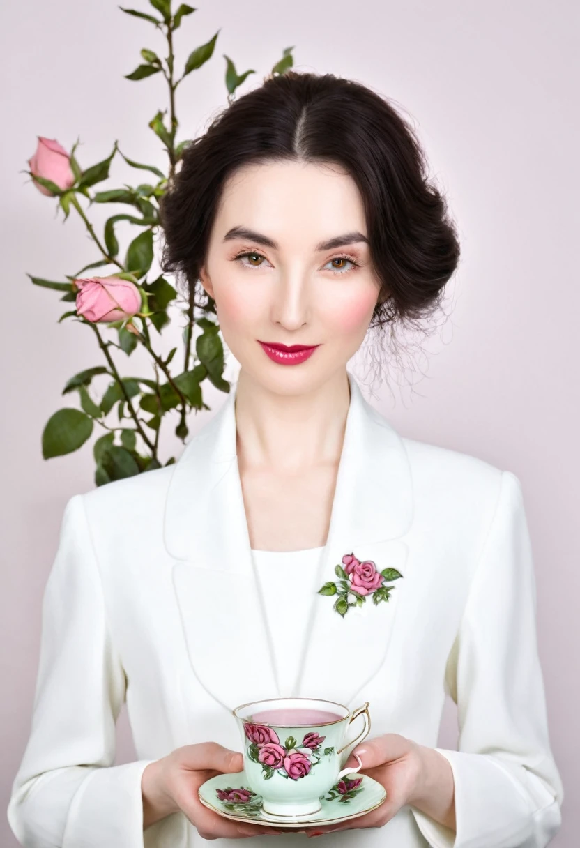 there is a cup of tea with a flower on it, tea cup, tea, is ((drinking a cup of tea)), fine china, drinking tea, inspired by Wlodzimierz Tetmajer, green tea, rose twining, engalnd porcelain tea set, portrait shot, inspired by Annie Rose Laing, rose, gorgeous lady, secret tea society