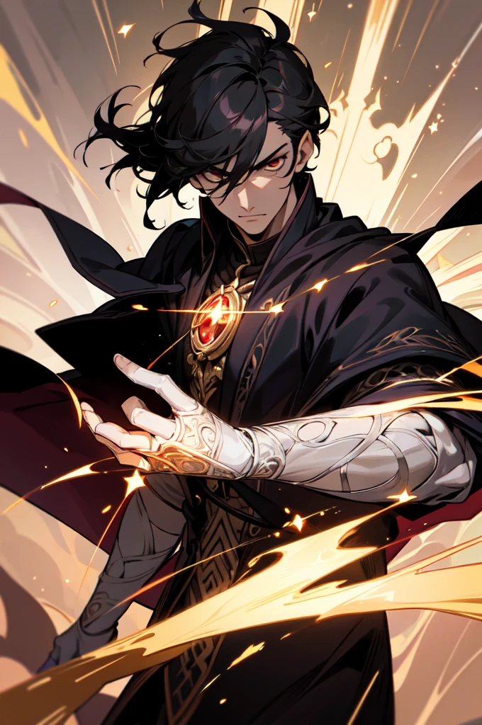 masterpiece, best quality, 1 male, young, tall muscular, handsome, finely detailed eyes, intricate details, black hair, short hair, evil face, solo, upper body, detailed dark shadow background, detailed face, good sorcerer, color magical robes, determined expression, white color scheme, dark crimson light, glowing magical runes, realistic lighting, floating particles, sparks, surrounded by gold lightning red arcane symbols, corrupted by eldritch power, bloom, glasses, gloves