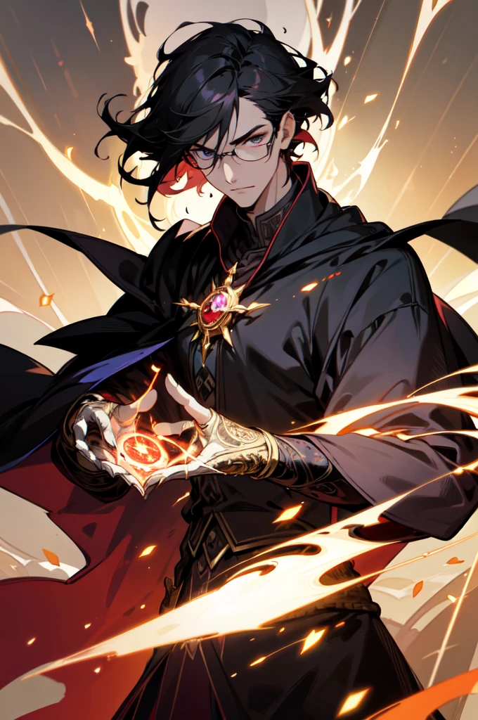 masterpiece, best quality, 1 male, young, tall muscular, handsome, finely detailed eyes, intricate details, black hair, short hair, evil face, solo, upper body, detailed dark shadow background, detailed face, good sorcerer, color magical robes, determined expression, white color scheme, dark crimson light, glowing magical runes, realistic lighting, floating particles, sparks, surrounded by gold lightning red arcane symbols, corrupted by eldritch power, bloom, glasses, gloves