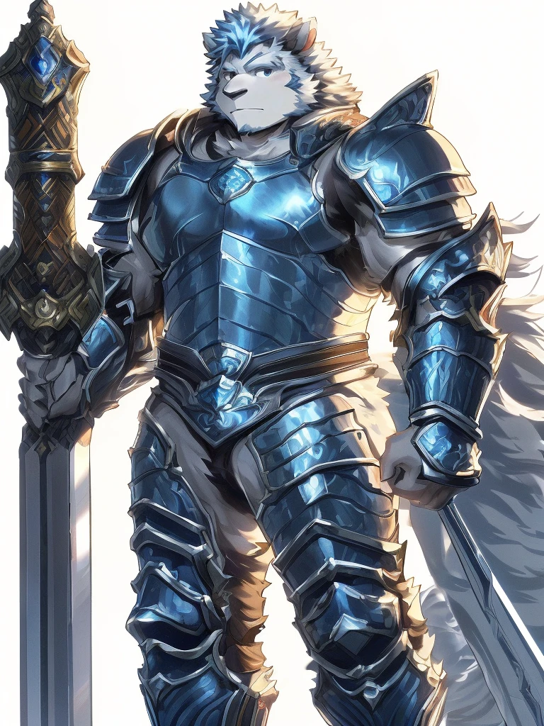 a furry sheep, white fur, shoulder long hair, (((handsome, slim fit, fit build, gym fit, small face, ikemen))), paladin, ((white sheep), ((dark blue paladin armor)), furry art, full body, tall, silky hair,  equip with a sword and shield,