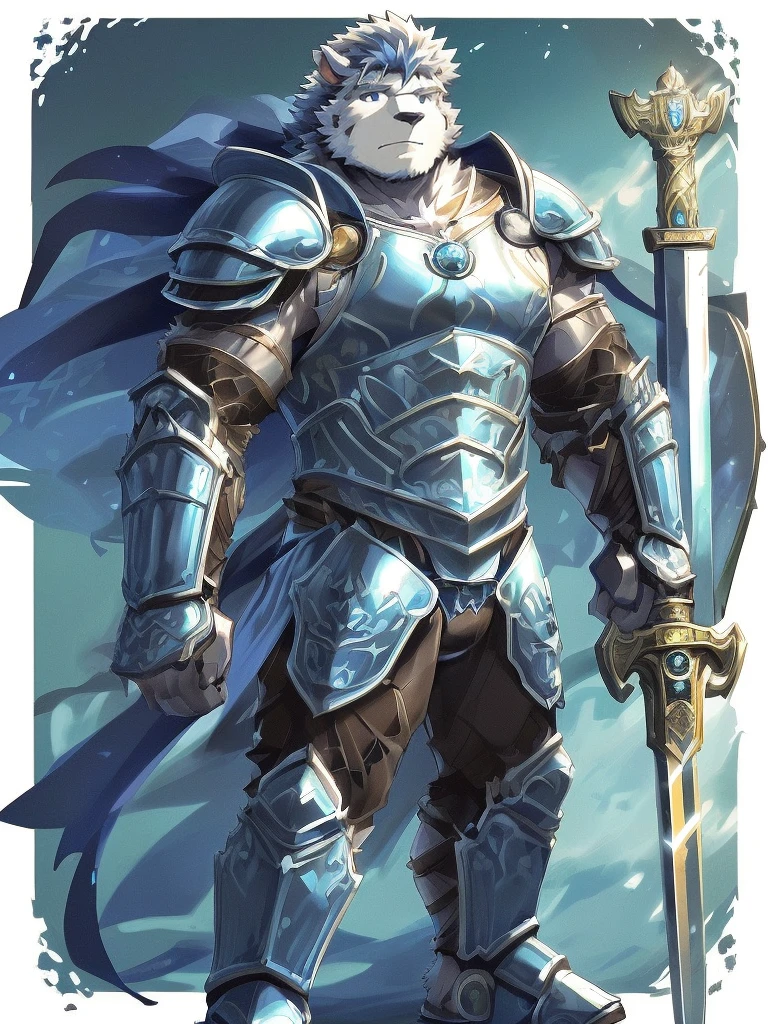 a furry sheep, white fur, shoulder long hair, (((handsome, slim fit, fit build, gym fit, small face, ikemen))), paladin, ((white sheep), ((dark blue paladin armor)), furry art, full body, tall, silky hair,  equip with a sword and shield,