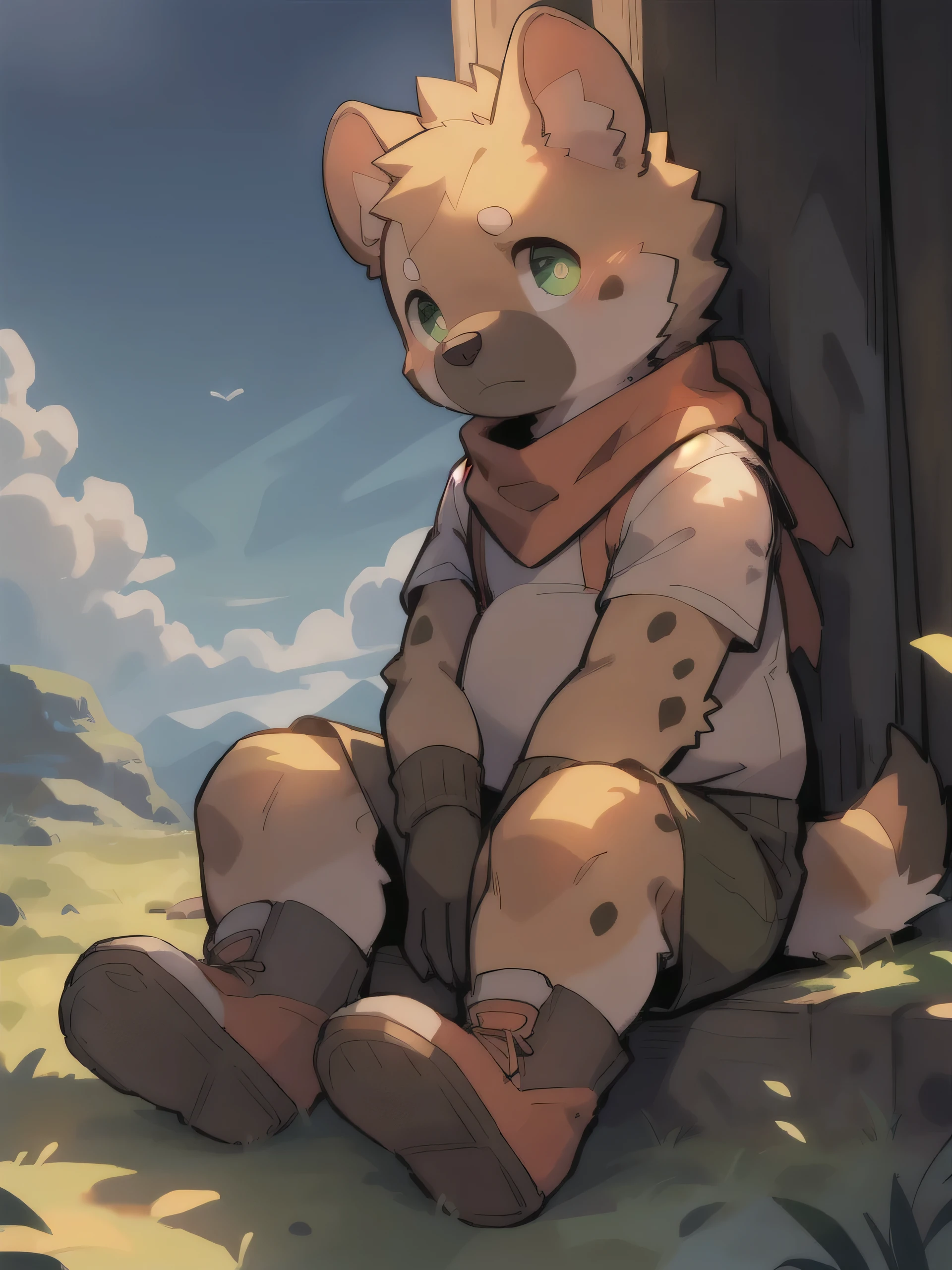 masterpiece, best quality, Perfect anatomical structure, Bright Eyes, Big watery eyes, Provided by RUHU1145, hairy, (Spotted hyena), fur(trigger:0.3), Boys，Spots on the face，Solitary，Shy，White short sleeve，Orange scarf，Dark green shorts，Sitting，(Sit in the shade)，grassland，Dynamic feeling of wind，Look up at the sky，Blue sky，(Chubby body)