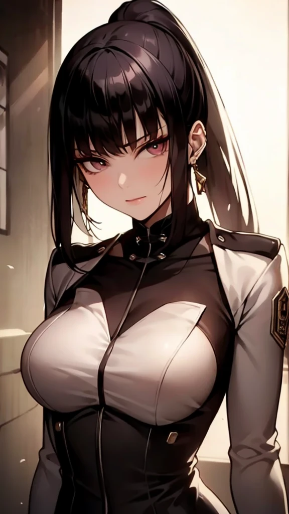 Lin Wei, a beautiful human-hybrid with striking black eyes and long black hair tied in a high ponytail, stands confidently. She looks directly at the camera with a determined and intelligent gaze. Her military uniform fits perfectly, highlighting her strong yet feminine physique. Her presence exudes strength, grace, and leadership. The background suggests a futuristic starship setting, adding to her commanding and powerful aura.