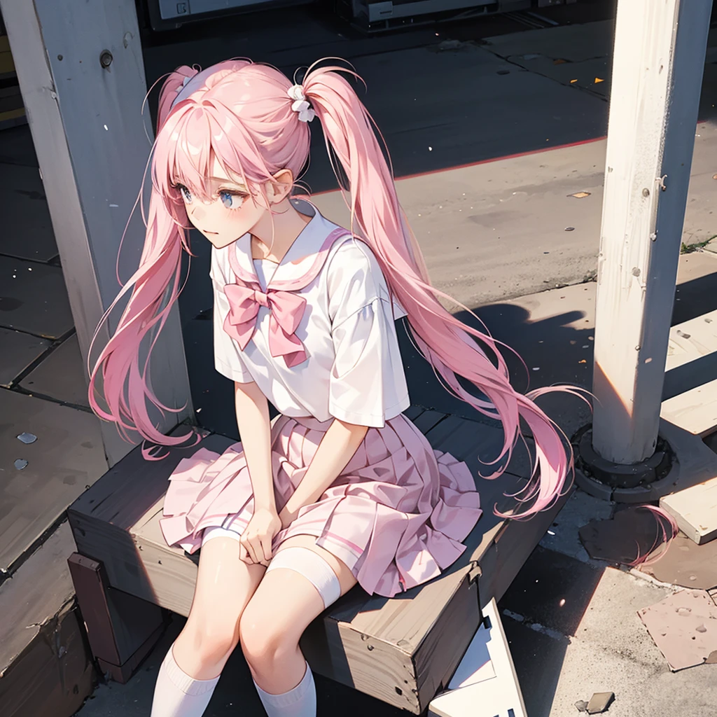 1girl, solo, pink hair, two pigtails, long pigtails, white shirt, pink skirt, white stockings, black school shoes, quiet, cold face