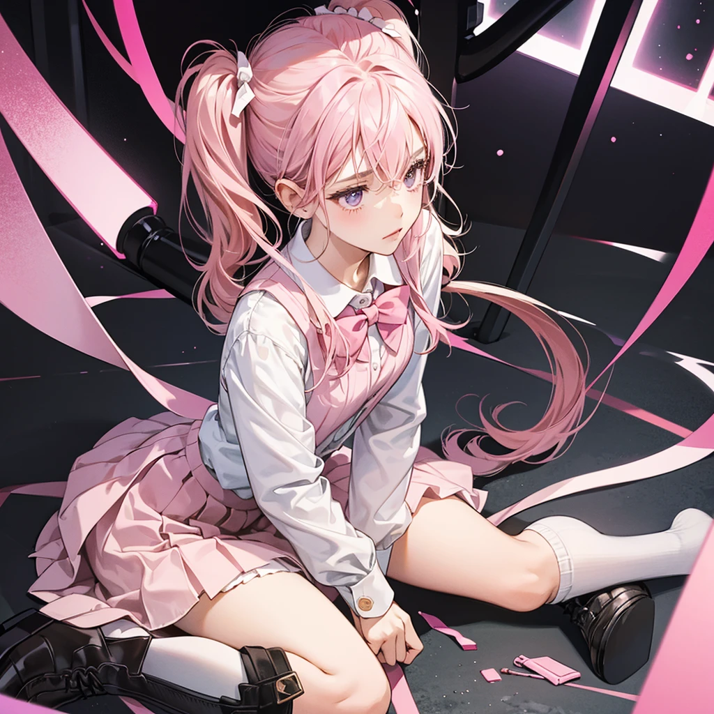 1girl, solo, pink hair, two pigtails, long pigtails, white shirt, pink skirt, white stockings, black school shoes, quiet, cold face