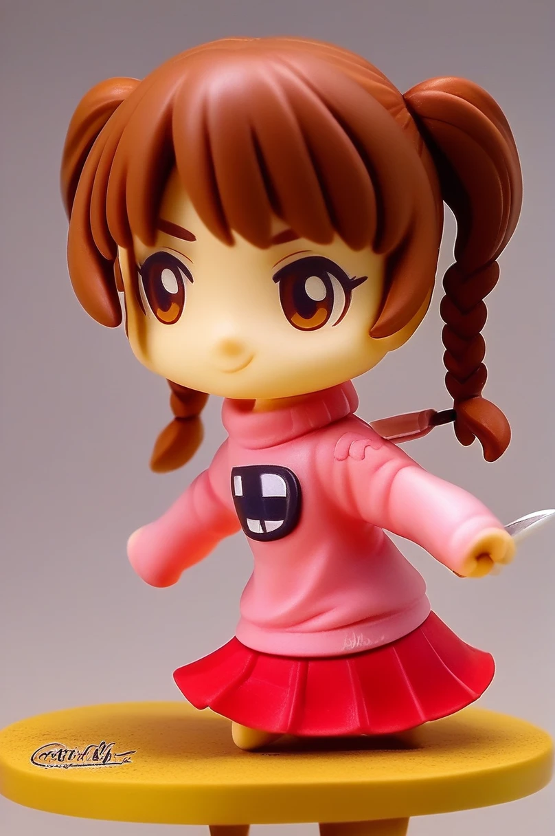 (pvc figure style:1.4), figure,score_9, score_8_up, score_7_up, score_6_up, score_5_up, score_4_up, source_anime, madotsuki, braid, hair over shoulder, long hair, twin braids, twintails, brown hair, brown eyes, long sleeves, pink sweater, pleated skirt, red skirt, skirt, sleeves past wrists, sweater, holding kitchen knife, musical note, epic pose, cowboy shot, dynamic pose, wide shot, solo, dutch angle, teenager, figure, (best quality, masterpiece), traditional media, basic background, blurry background, cowboy shoot:1.3, (foggy background, inside, clear room, on table:1.2), chibi, kawaii, cute, nendoroid, character sheet,