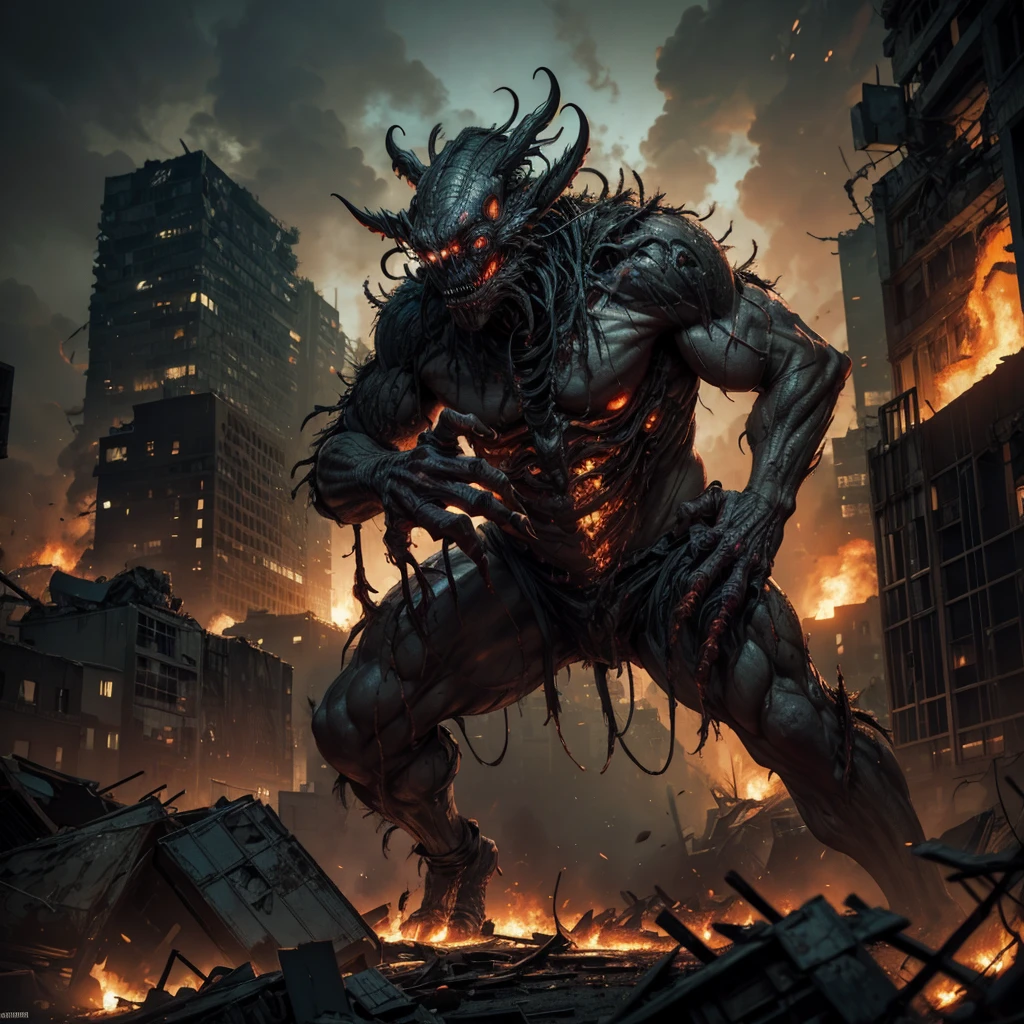 a grotesque mutant creature with multiple limbs and glowing eyes, emerging from rubble of post-apocalyptic city devastated by nuclear explosion, twisted figure covered in mutated skin, sharp claws protruding from deformed limbs, haunting and eerie scene of destruction and despair, city skyline filled with smoke and flames, catastrophic aftermath of atomic attack, highly detailed, 8k, masterpiece, photorealistic, dark sci-fi, cinematic lighting, gritty, dystopian