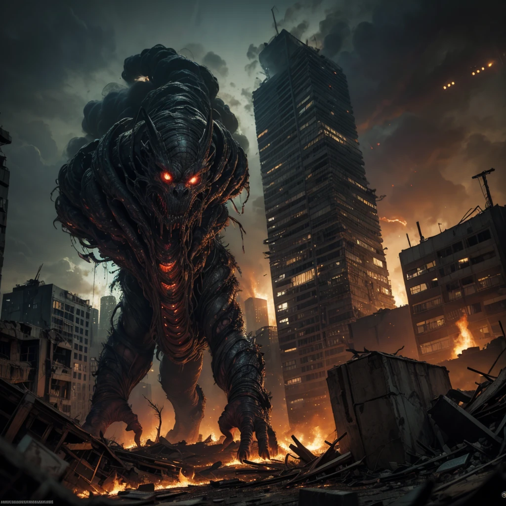 a grotesque mutant creature with multiple limbs and glowing eyes, emerging from rubble of post-apocalyptic city devastated by nuclear explosion, twisted figure covered in mutated skin, sharp claws protruding from deformed limbs, haunting and eerie scene of destruction and despair, city skyline filled with smoke and flames, catastrophic aftermath of atomic attack, highly detailed, 8k, masterpiece, photorealistic, dark sci-fi, cinematic lighting, gritty, dystopian