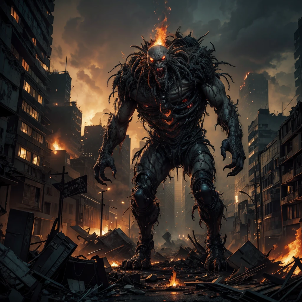 a grotesque mutant creature with multiple limbs and glowing eyes, emerging from rubble of post-apocalyptic city devastated by nuclear explosion, twisted figure covered in mutated skin, sharp claws protruding from deformed limbs, haunting and eerie scene of destruction and despair, city skyline filled with smoke and flames, catastrophic aftermath of atomic attack, highly detailed, 8k, masterpiece, photorealistic, dark sci-fi, cinematic lighting, gritty, dystopian