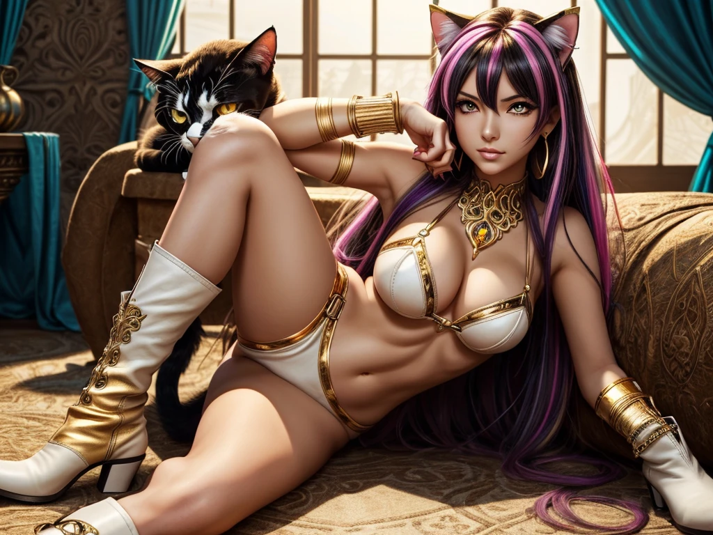 There is lost coliseum there female lionessin  pose, she have ebony colour skin beautiful yellow cat eyes dark gold eyeshadows make up, ring style earrings, her hair is purple with pink highlights . she dressed in white neather topic with golden parts on countures also short and white leather straps on her cat legs instead of boots, her hands have hude ruby claws on her fingers, (ultra high quality fantasy art, anime fantasy style, masterpiece, ultra high quality character design, 8k quality anime art, realistic anime art, top quality wallpaper illustration, detailed ultra high quality accurate face, high quality design and accurate physic)